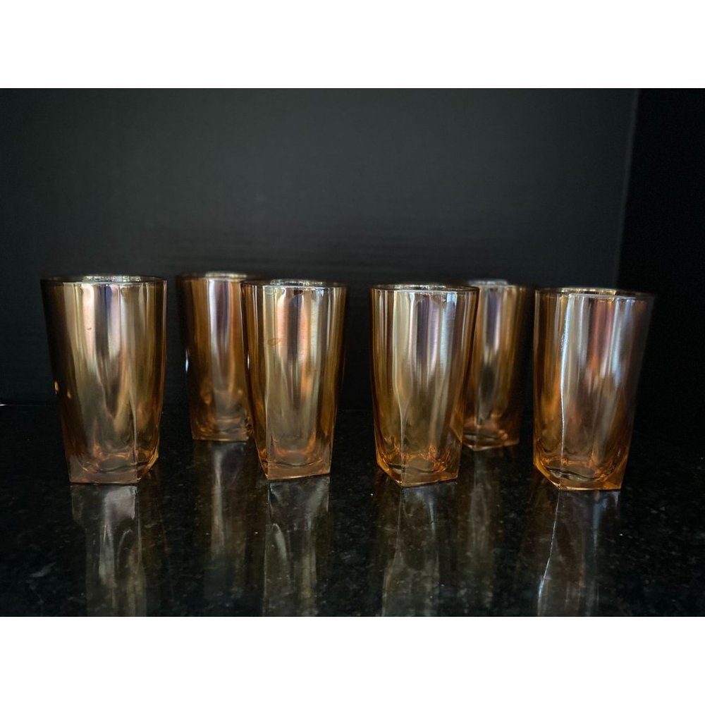 Peach Luster Marigold Carnival Glass Tumblers with Square Bottom, 5" Tall (Qty.